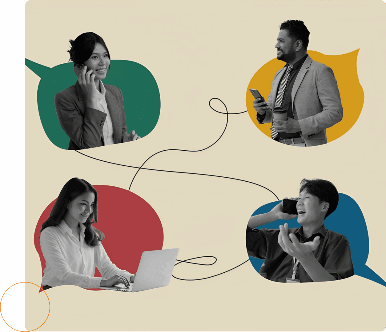 Collage of people communicating with devices.