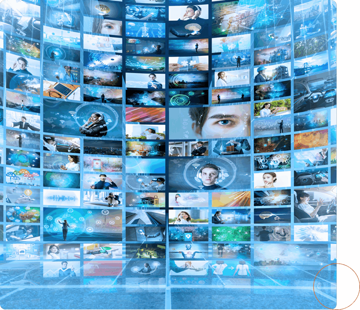 Digital screens displaying various futuristic images.