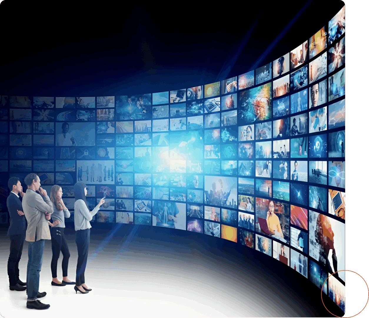 People watching digital screens in curved display.